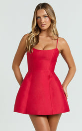 Carolina Mini Dress - Scoop Neck Panel Bodice Dress in Red