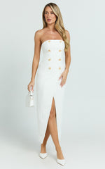 Carson Midi Dress - Strapless Double Breasted Wrap Fitted Dress in Off White