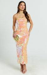 Casey Midi Dress - Square Neck Sequin Bodycon Dress in Peach