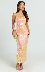 Casey Midi Dress - Square Neck Sequin Bodycon Dress in Peach