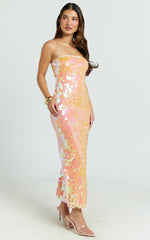Casey Midi Dress - Square Neck Sequin Bodycon Dress in Peach