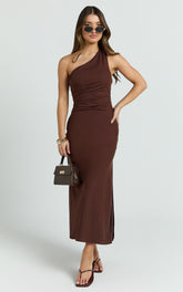 Cassia Midi Dress - One Shoulder A Line Dress in Chocolate