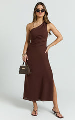 Cassia Midi Dress - One Shoulder A Line Dress in Chocolate