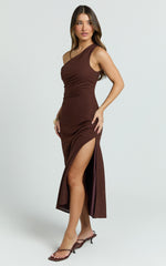 Cassia Midi Dress - One Shoulder A Line Dress in Chocolate