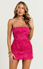 Cassia Mini Dress - Strapless 3D Floral Lace Up Back Dress in Pink