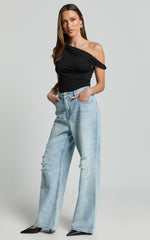 Cate Jeans - Baggy High Waist Ripped Wide Leg Recycled Denim Jeans in Light Blue Wash