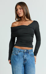 Cate Top - Long Sleeve Asymmetrical Neckline Top in Black