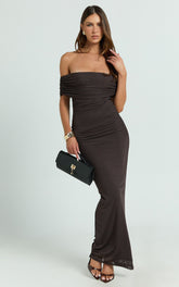 Caterina Maxi - Ruched Off Shoulder Mesh Dress in Chocolate