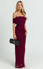 Caterina Maxi - Ruched Off Shoulder Mesh Dress in Wine