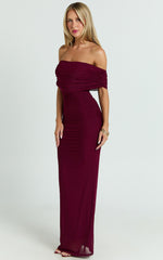 Caterina Maxi - Ruched Off Shoulder Mesh Dress in Wine
