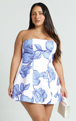 Catharine Mini Dress - Strapless A Line Dress in Blue Floral