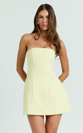 Catharine Mini Dress - Strapless A Line Dress in Lemon