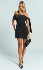 Cecilia Mini Dress - Off Shoulder Tie Detail Dress in Black
