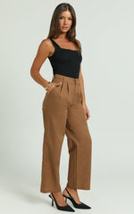 Celenia Linen Blend Pants - High Waisted Wide Leg Pants in Tobacco
