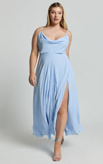 Celestine Midi Dress - Lace Up Back Cowl Neck Dress in Pale Blue