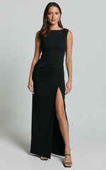 Celia Maxi Dress - Twist Shoulder Bodycon Thigh Split Dress in Black