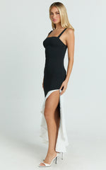 Cera Maxi Dress - Asymmetrical Contrast Frill Hem Dress in Black & White