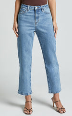 Chandler Jeans - High Waisted Crop Straight Jeans in Mid Blue Wash