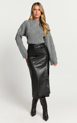 Chantel Midi Skirt - High Waist Ruched Faux Leather Skirt in Black