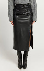 Chantel Midi Skirt - High Waist Ruched Faux Leather Skirt in Black