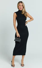 Chantelle Midi Dress - Turtle Neck Sleeveless Ruche Waist Fitted Knit Dress in Black