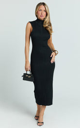 Chantelle Midi Dress - Turtle Neck Sleeveless Ruche Waist Fitted Knit Dress in Black