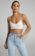 Charess Top - Diamante Mesh Long Sleeve Top in Gold
