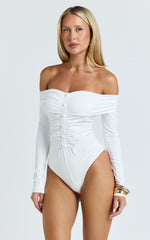 Charisse Bodysuit - Off Shoulder Button Down Bodysuit in White
