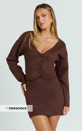 Charisse Two Piece Top and Skirt Set - Knit Cardigan And Mini Skirt in Chocolate