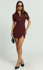 Charity Mini Dress - Placket Front Fitted Shirt Dress in Mahogany