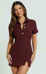 Charity Mini Dress - Placket Front Fitted Shirt Dress in Mahogany