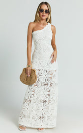 Charlene Maxi Dress - Crochet Knitted One Shoulder Maxi Dress in White