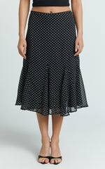 Charlie Midi Skirt - Polka Dot Low Waist Godet Skirt in Black