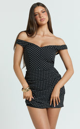 Charlie Mini Dress - Polka Dot Off Shoulder Gathered Dress in polkadot