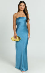 Charlita Maxi Dress - Strapless Cowl Back Satin Dress in Steel Blue