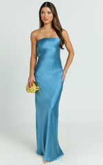 Charlita Maxi Dress - Strapless Cowl Back Satin Dress in Steel Blue