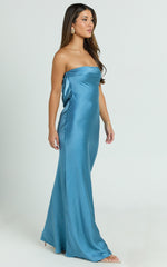 Charlita Maxi Dress - Strapless Cowl Back Satin Dress in Steel Blue