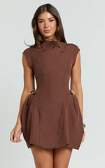 Charlita Mini Dress - Structured Dress with Hardware Detail in Brown