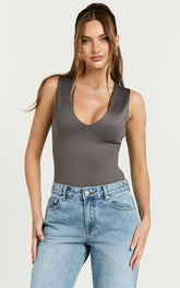 Charlotte Bodysuit - V Neck Bodysuit in Charcoal