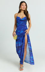 Cher Maxi Dress - Strappy Cowl Neck Bias Cut Georgette Dress in Blue Abstract