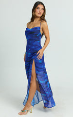 Cher Maxi Dress - Strappy Cowl Neck Bias Cut Georgette Dress in Blue Abstract
