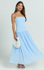Cherie Midi Dress - Strapless Drop Waist Dress in Blue