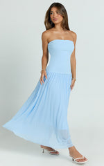 Cherie Midi Dress - Strapless Drop Waist Dress in Blue