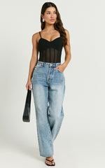 Cheryth Bodysuit - V Neck Strappy Sheer Corset Bodysuit in Black