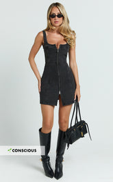 Chrysoula Mini Dress - Square Neck Zip Front Sleeveless Bodycon Denim in Washed Black