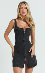 Chrysoula Mini Dress - Square Neck Zip Front Sleeveless Bodycon Denim in Washed Black