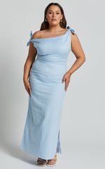 Cincinnati Midi Dress - Off The Shoulder Side Split Column Linen Dress in Pale Blue