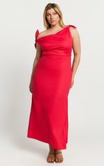 Cincinnati Midi Dress - Off The Shoulder Side Split Column Linen Dress in Red