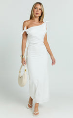 Cincinnati Midi Dress - Off The Shoulder Side Split Column Linen Dress in White