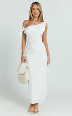 Cincinnati Midi Dress - Off The Shoulder Side Split Column Linen Dress in White